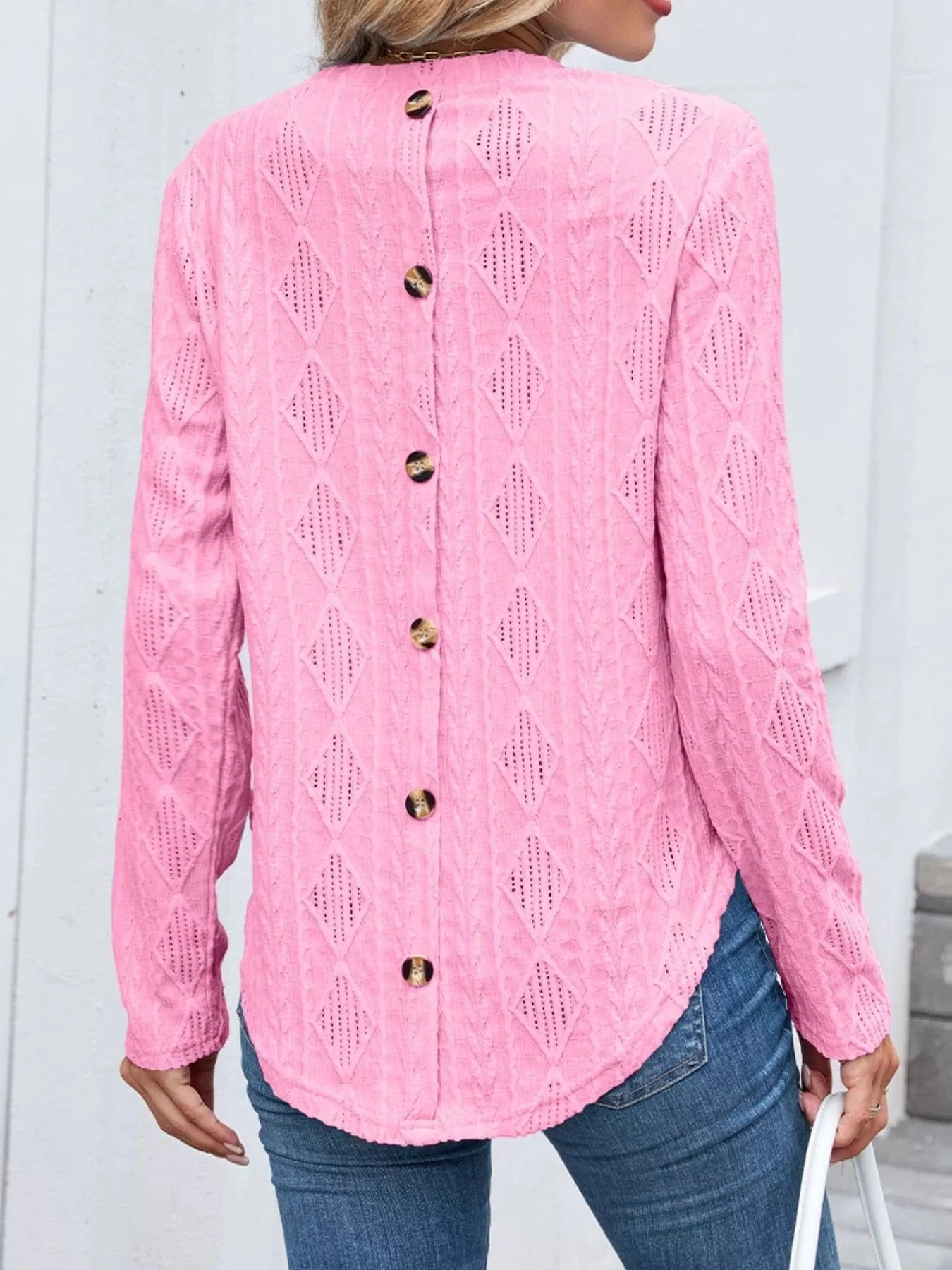 Openwork Textured Long Sleeve Top Tops and sweaters and T-Shirts