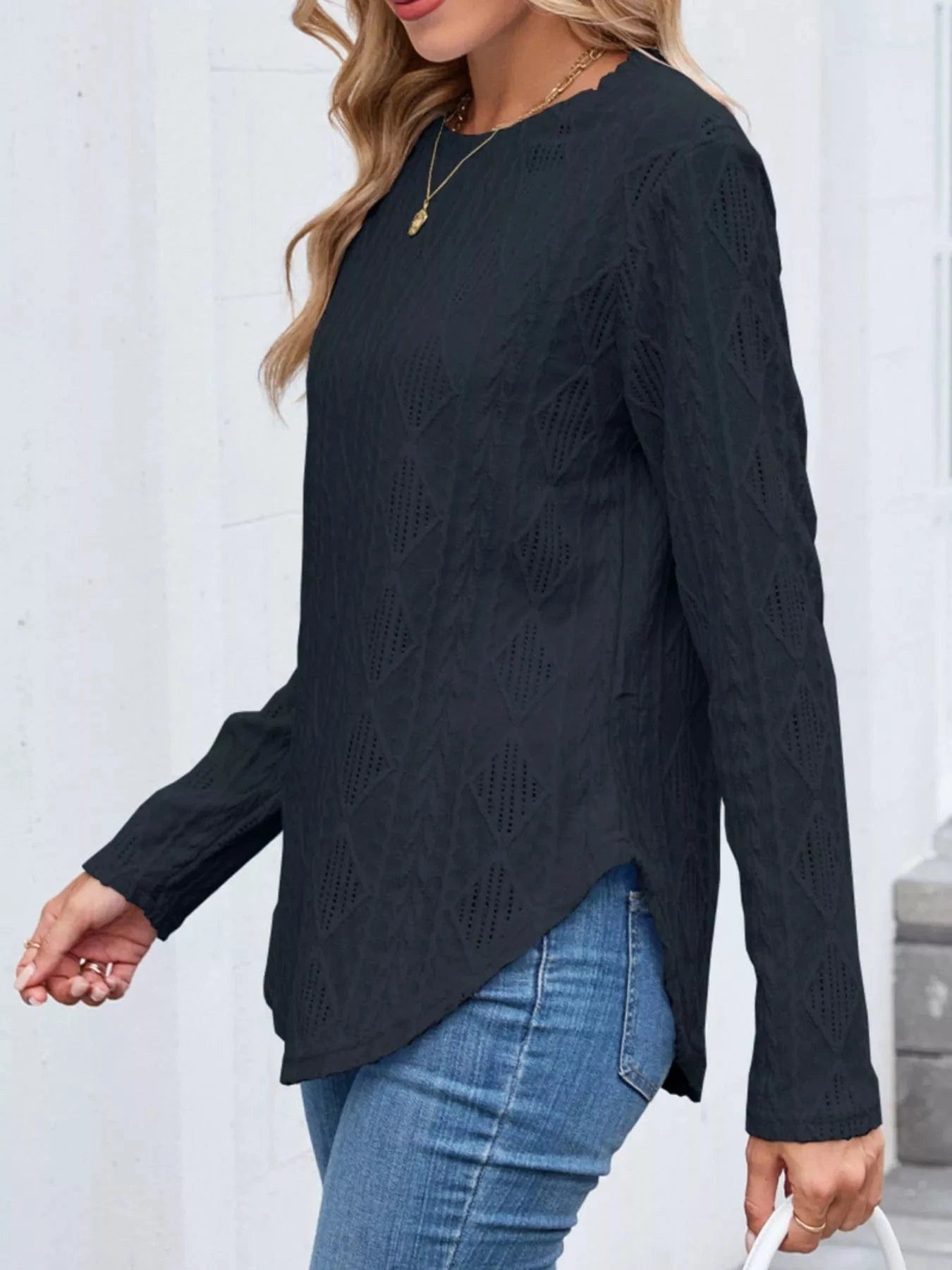 Openwork Textured Long Sleeve Top Tops and sweaters and T-Shirts