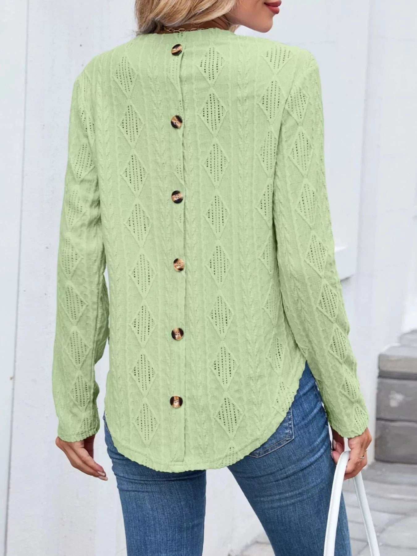 Openwork Textured Long Sleeve Top Tops and sweaters and T-Shirts