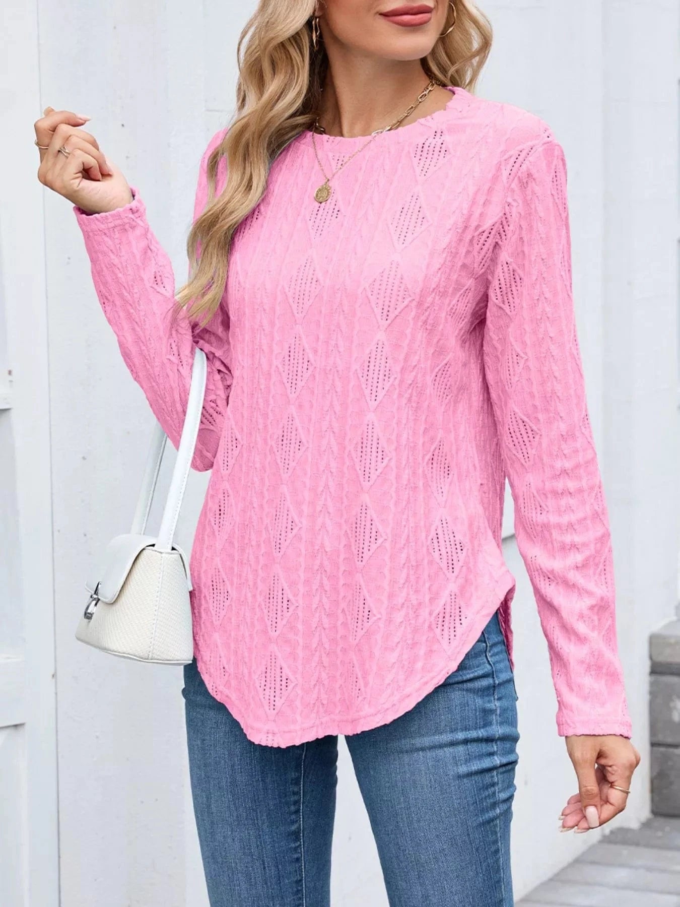 Openwork Textured Long Sleeve Top Tops and sweaters and T-Shirts