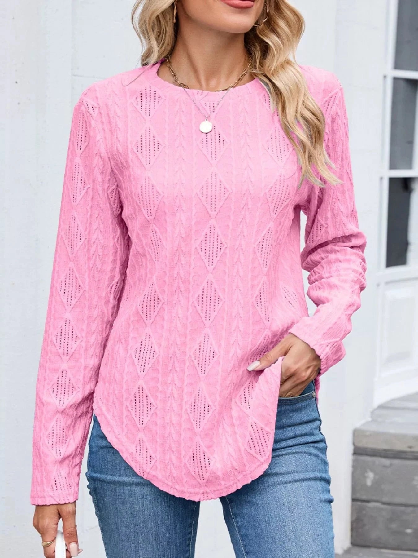 Openwork Textured Long Sleeve Top Tops and sweaters and T-Shirts