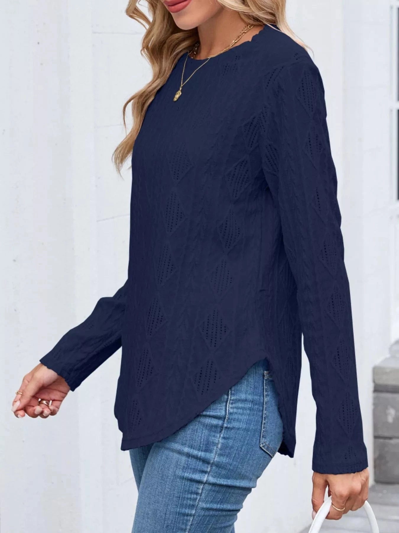 Openwork Textured Long Sleeve Top Tops and sweaters and T-Shirts