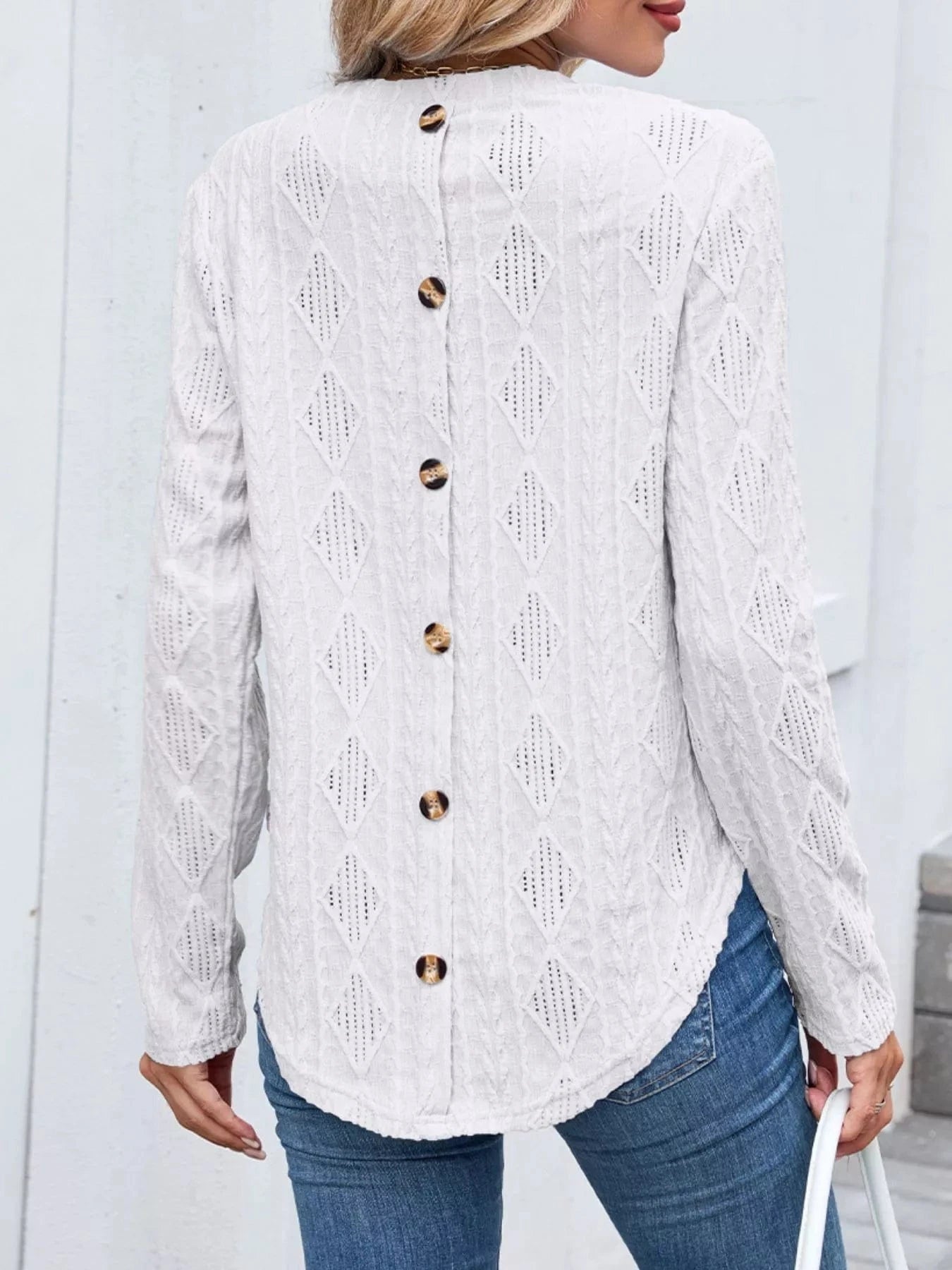 Openwork Textured Long Sleeve Top Tops and sweaters and T-Shirts