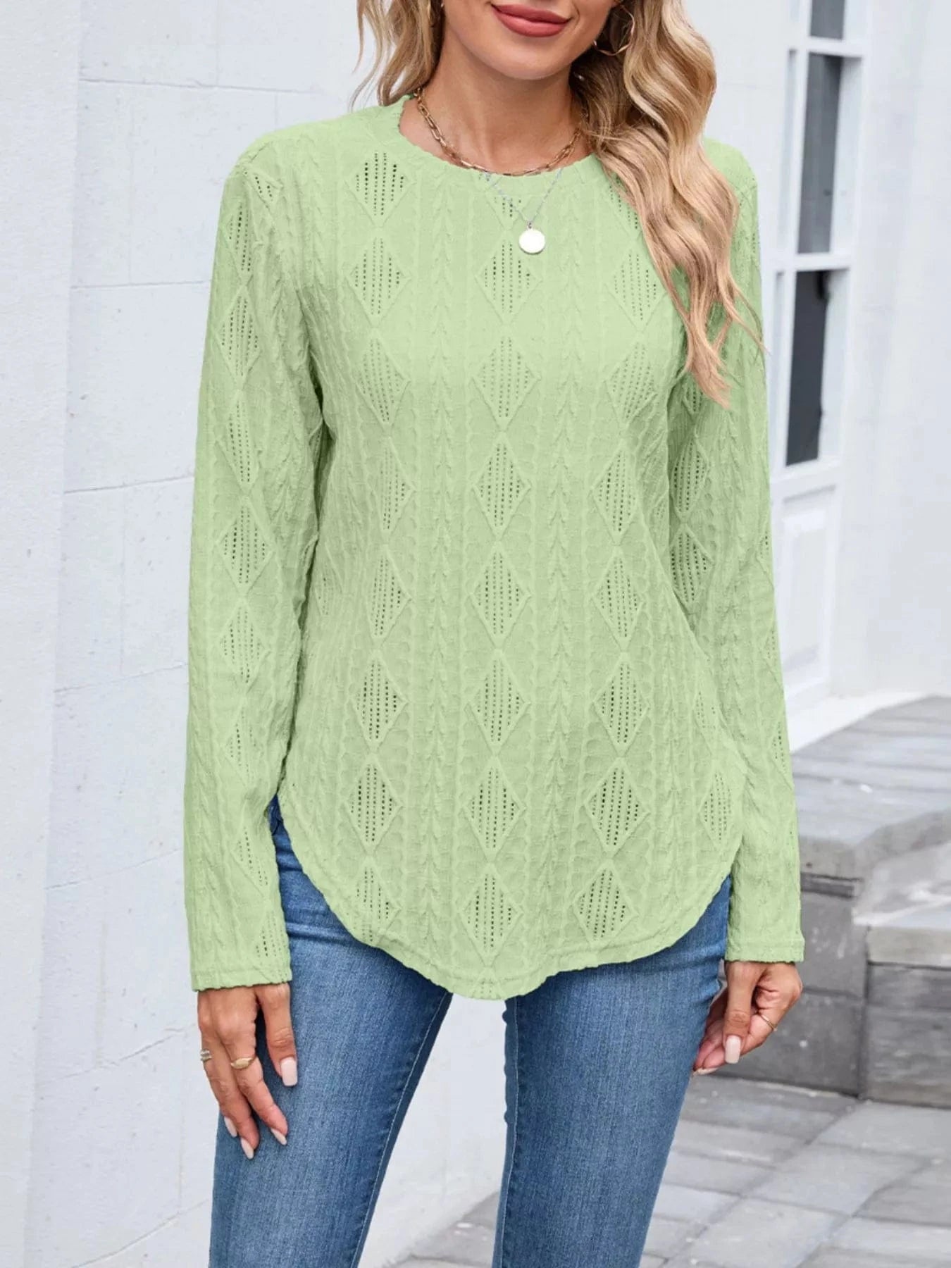 Openwork Textured Long Sleeve Top Tops and sweaters and T-Shirts