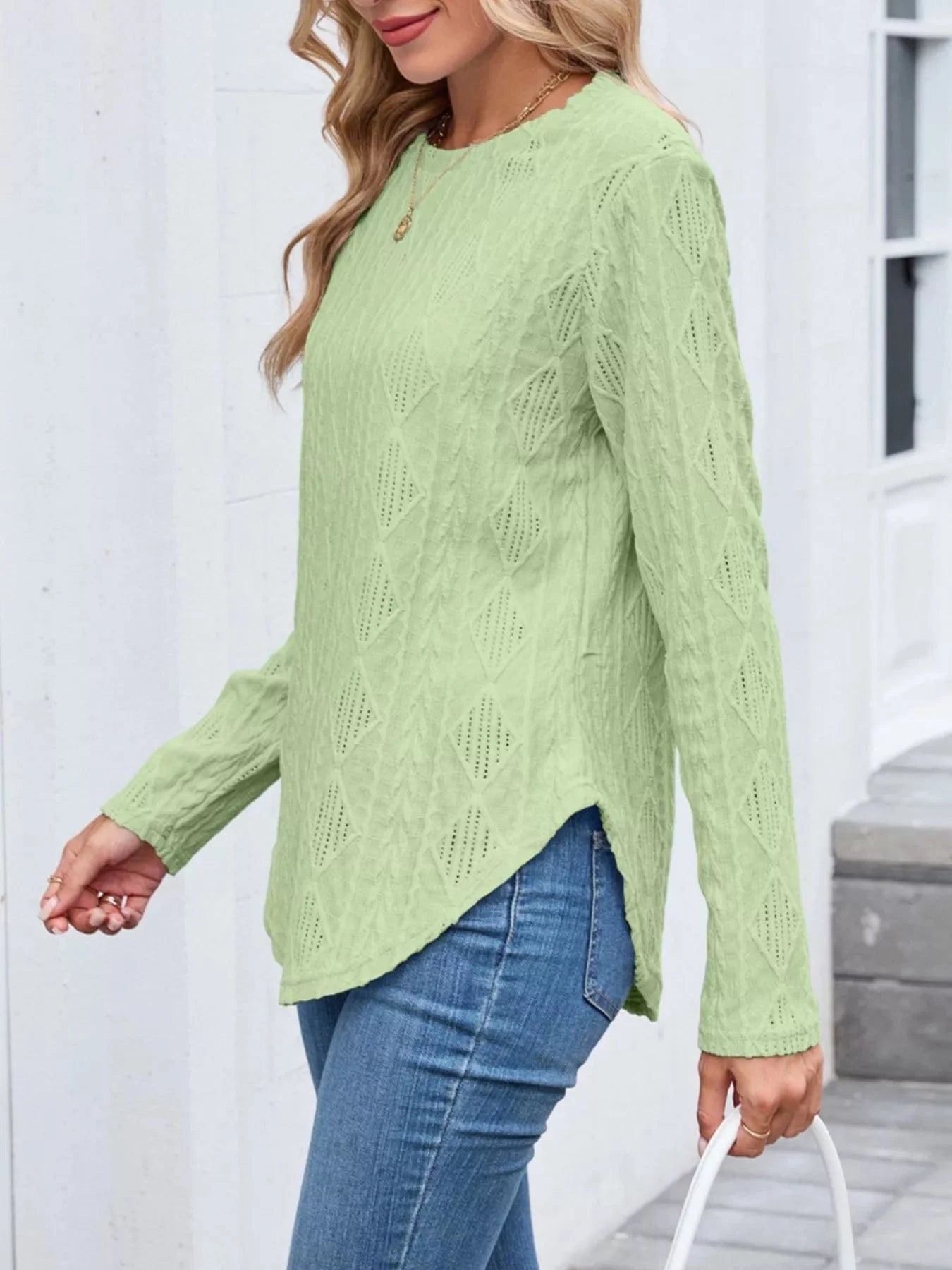 Openwork Textured Long Sleeve Top Tops and sweaters and T-Shirts