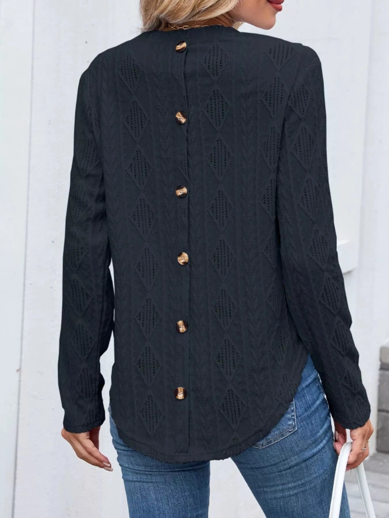 Openwork Textured Long Sleeve Top Tops and sweaters and T-Shirts