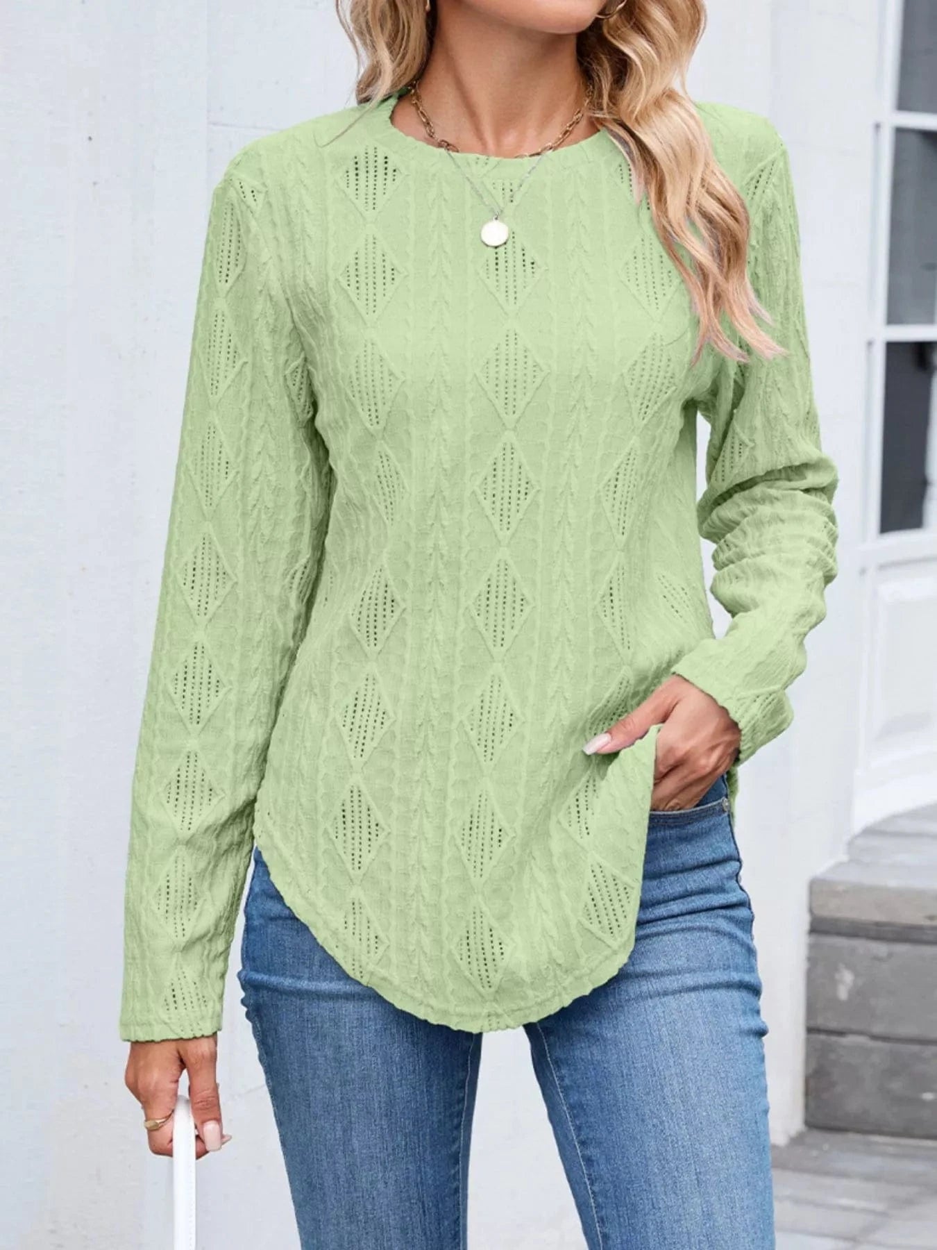 Openwork Textured Long Sleeve Top Tops and sweaters and T-Shirts
