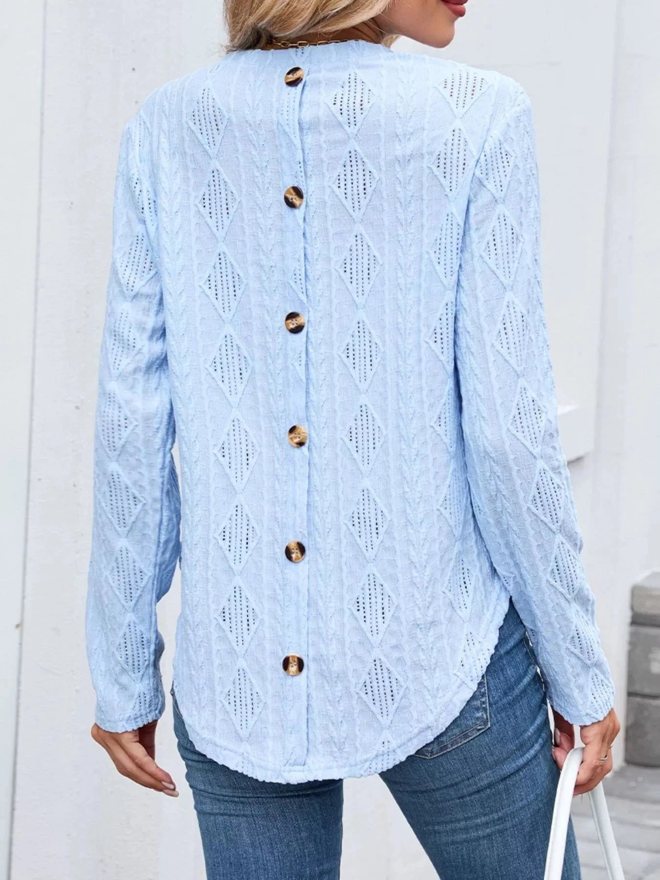 Openwork Textured Long Sleeve Top Tops and sweaters and T-Shirts
