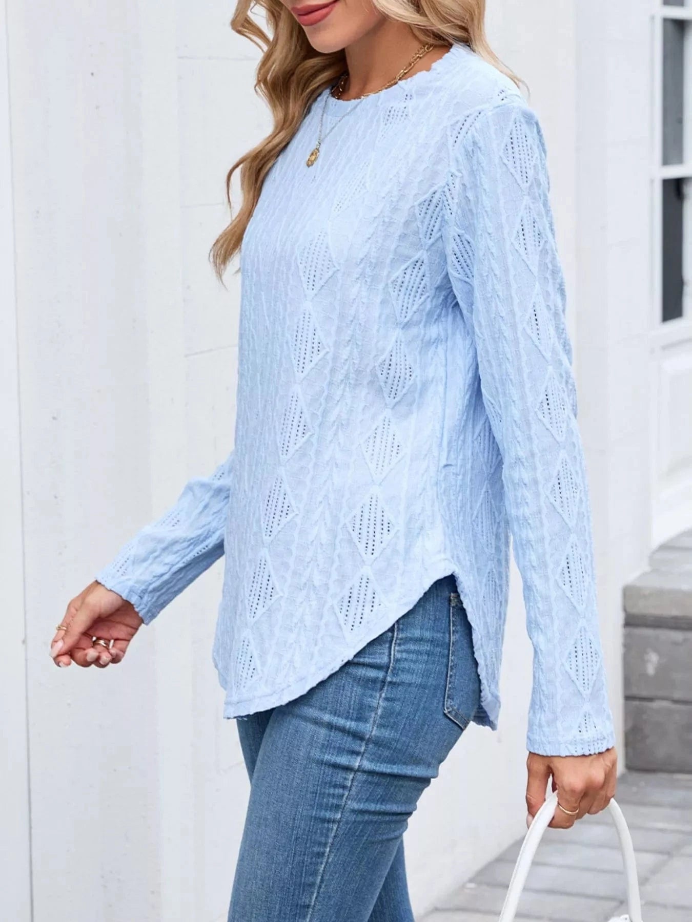 Openwork Textured Long Sleeve Top Tops and sweaters and T-Shirts