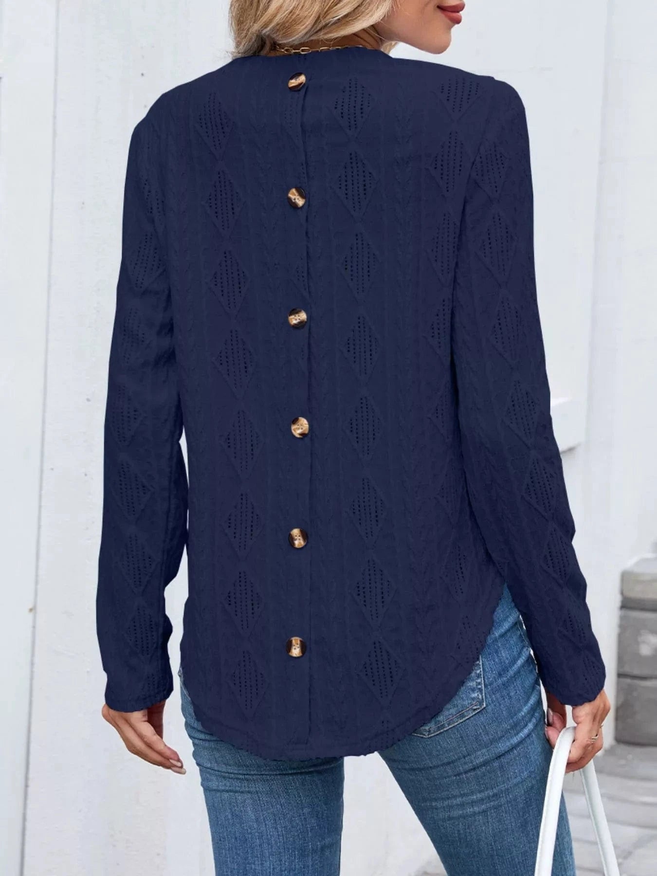 Openwork Textured Long Sleeve Top Tops and sweaters and T-Shirts