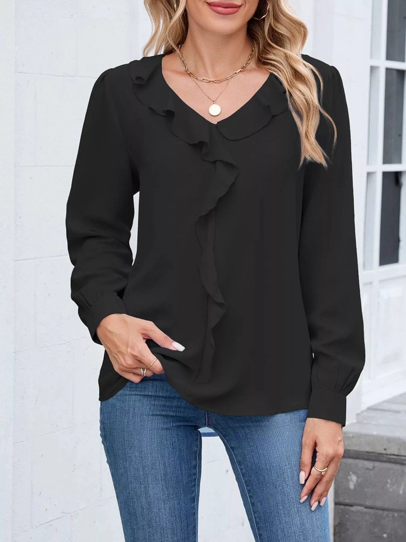 Ruffled V-Neck Long Sleeve Blouse Tops and sweaters and T-Shirts