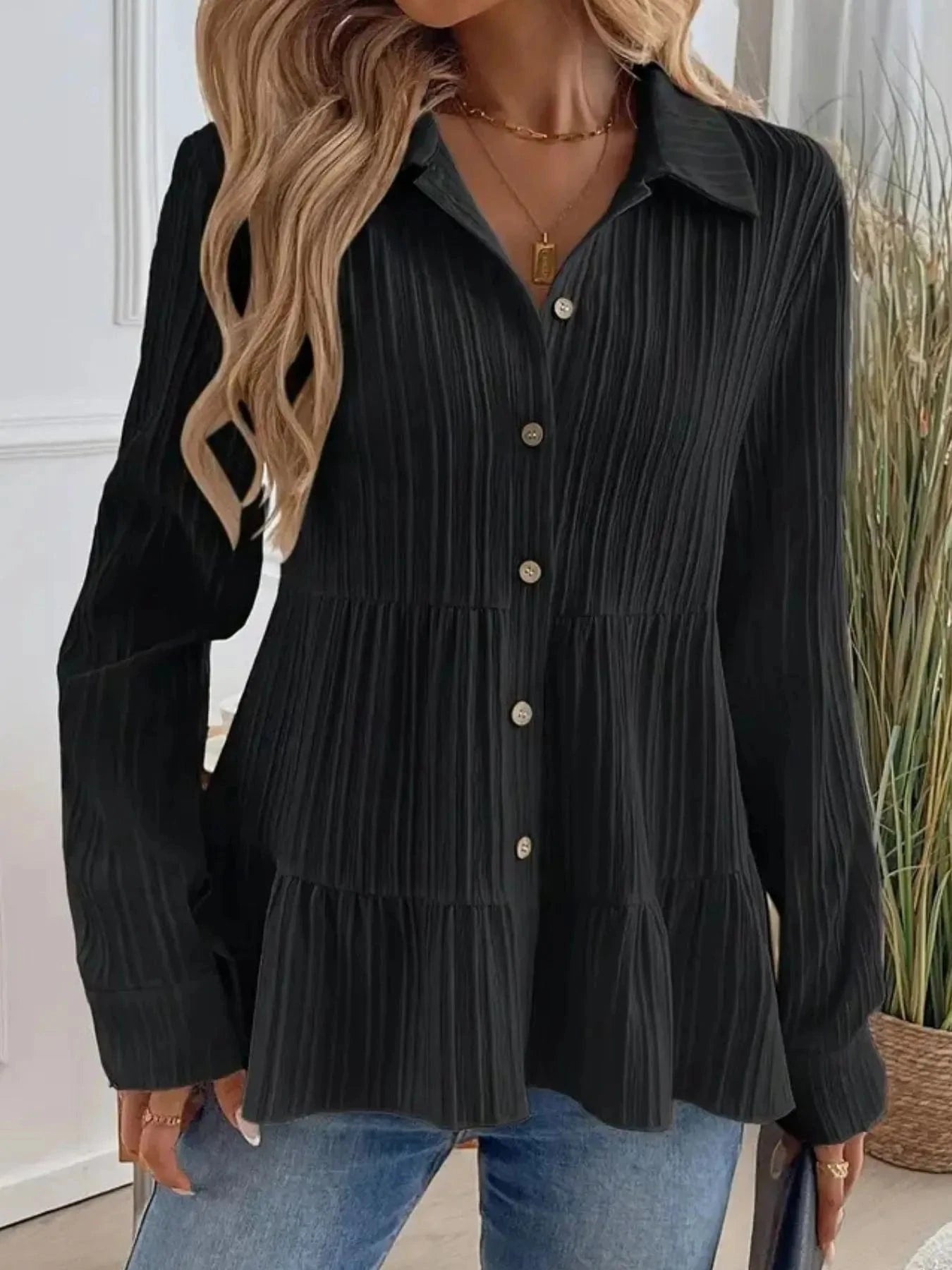 Striped Button-Down Tiered Shirt Tops and sweaters and T-Shirts