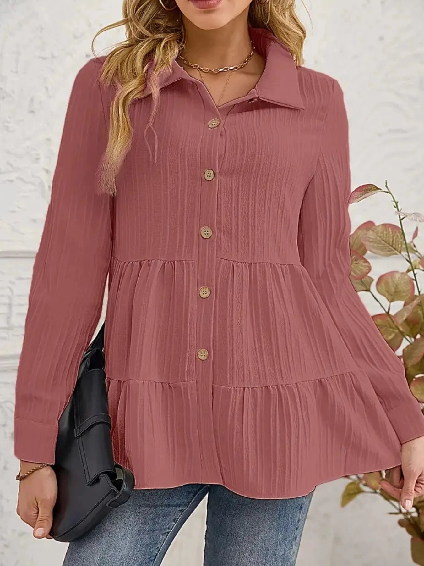 Striped Button-Down Tiered Shirt Tops and sweaters and T-Shirts