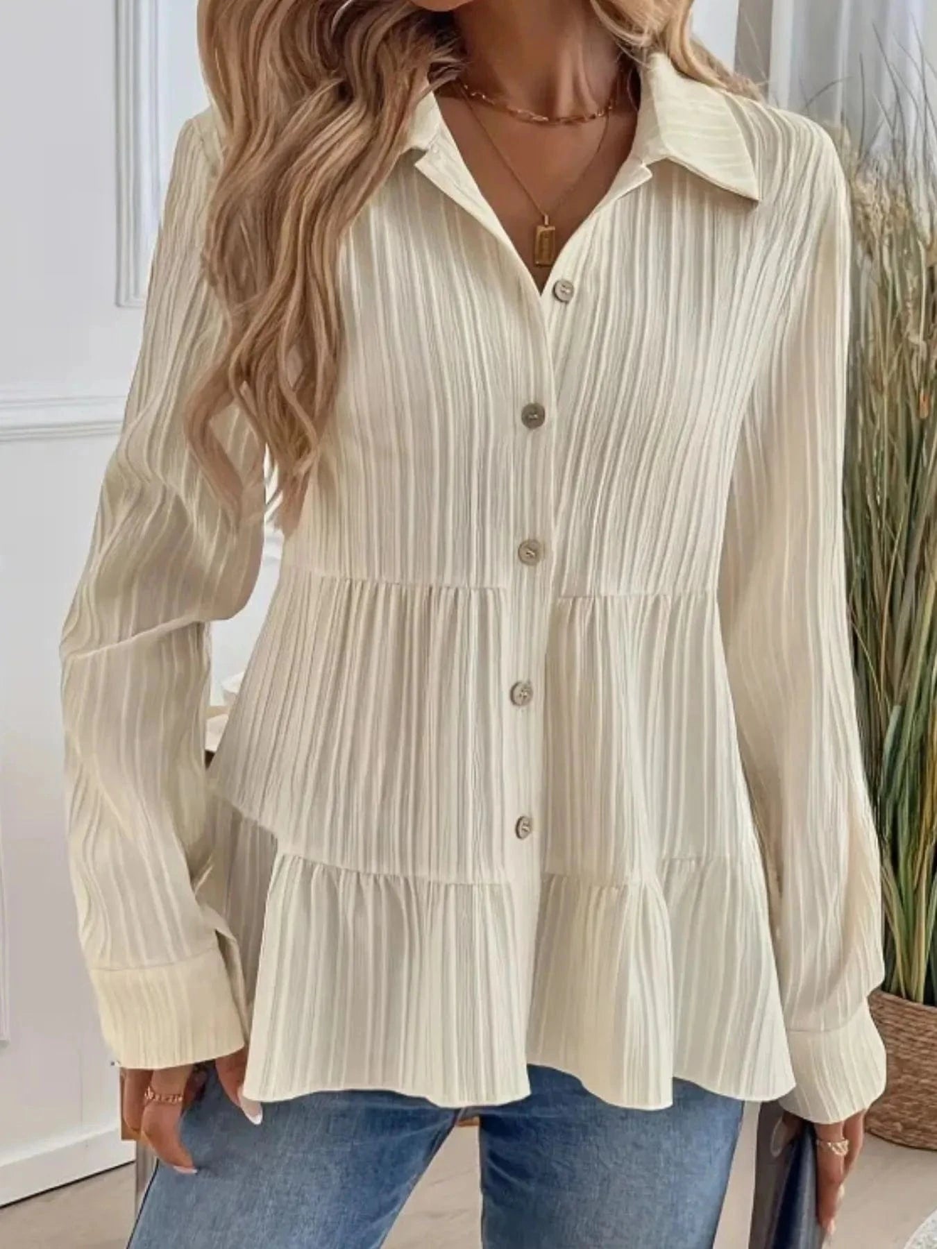 Striped Button-Down Tiered Shirt Tops and sweaters and T-Shirts
