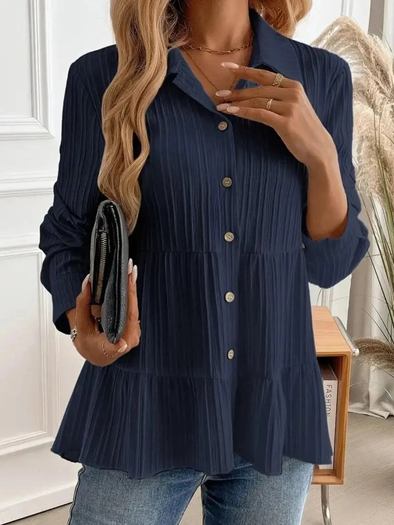 Striped Button-Down Tiered Shirt Tops and sweaters and T-Shirts