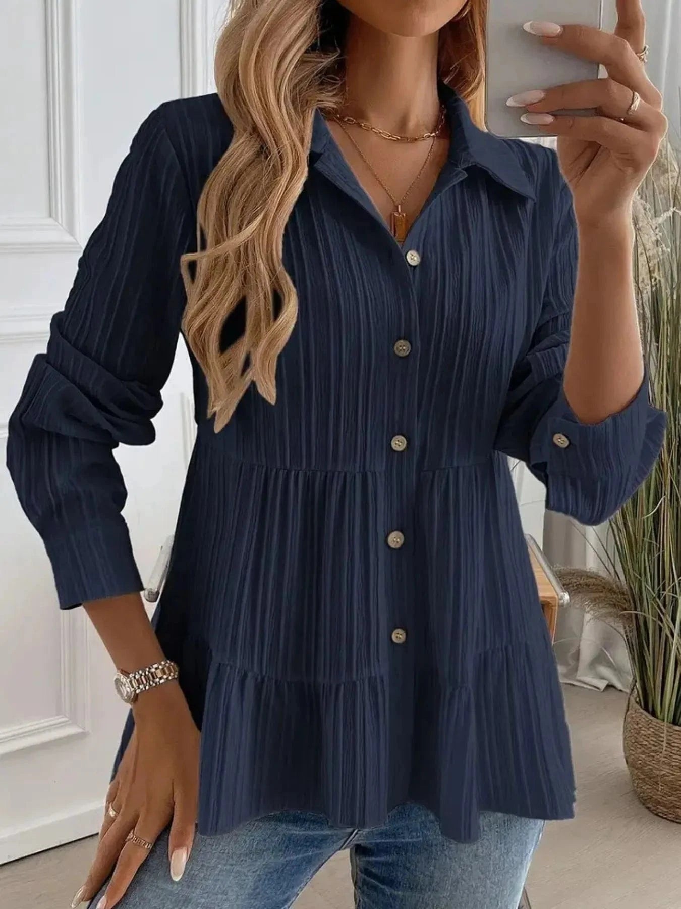 Striped Button-Down Tiered Shirt Tops and sweaters and T-Shirts