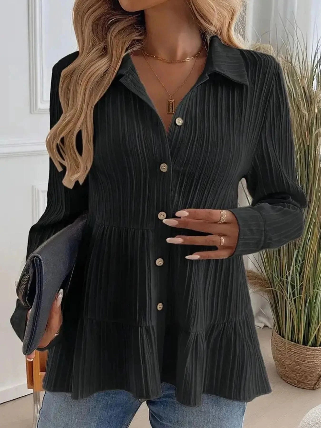 Striped Button-Down Tiered Shirt Tops and sweaters and T-Shirts