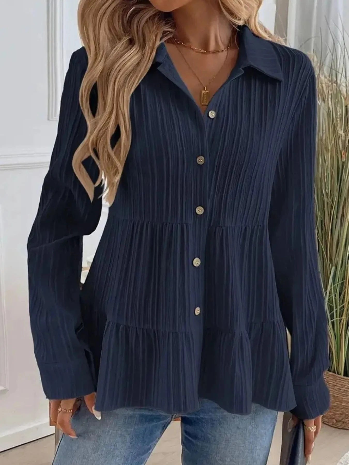 Striped Button-Down Tiered Shirt Tops and sweaters and T-Shirts