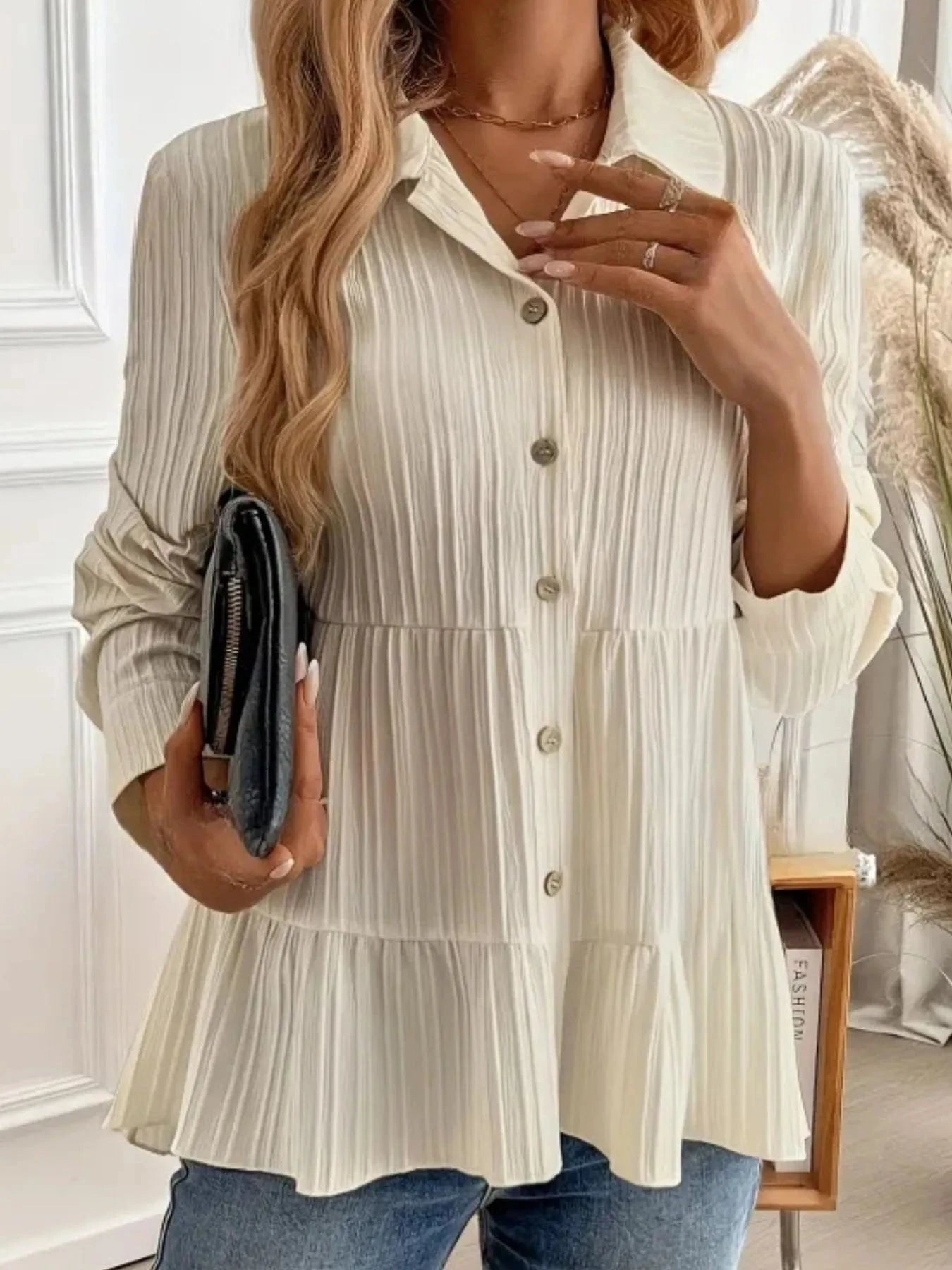 Striped Button-Down Tiered Shirt Tops and sweaters and T-Shirts