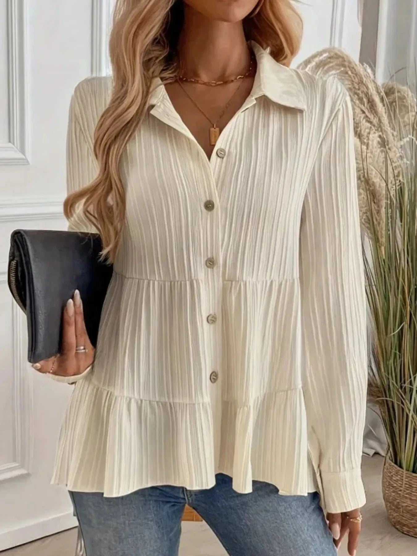 Striped Button-Down Tiered Shirt Tops and sweaters and T-Shirts