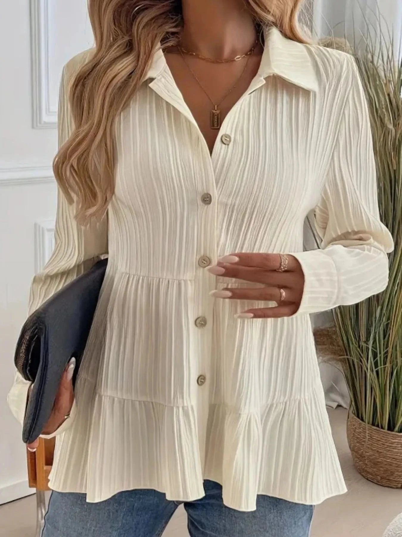 Striped Button-Down Tiered Shirt Tops and sweaters and T-Shirts