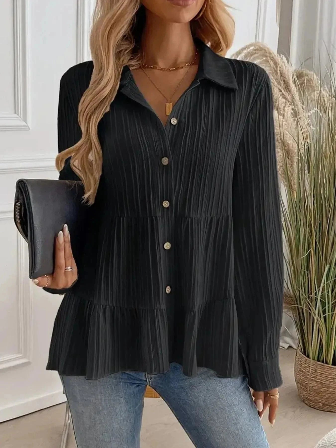 Striped Button-Down Tiered Shirt Tops and sweaters and T-Shirts