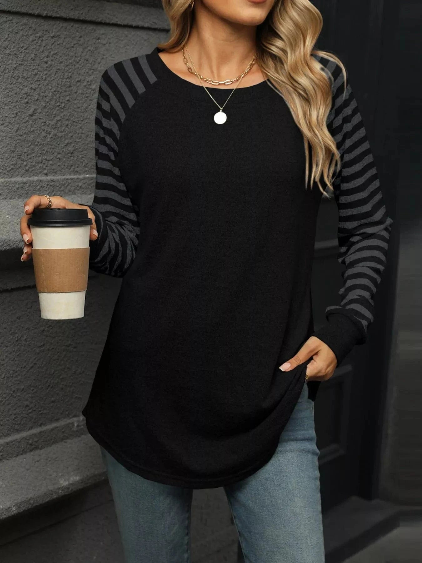 Striped Round Neck Raglan Sleeve T-Shirt Tops and sweaters and T-Shirts