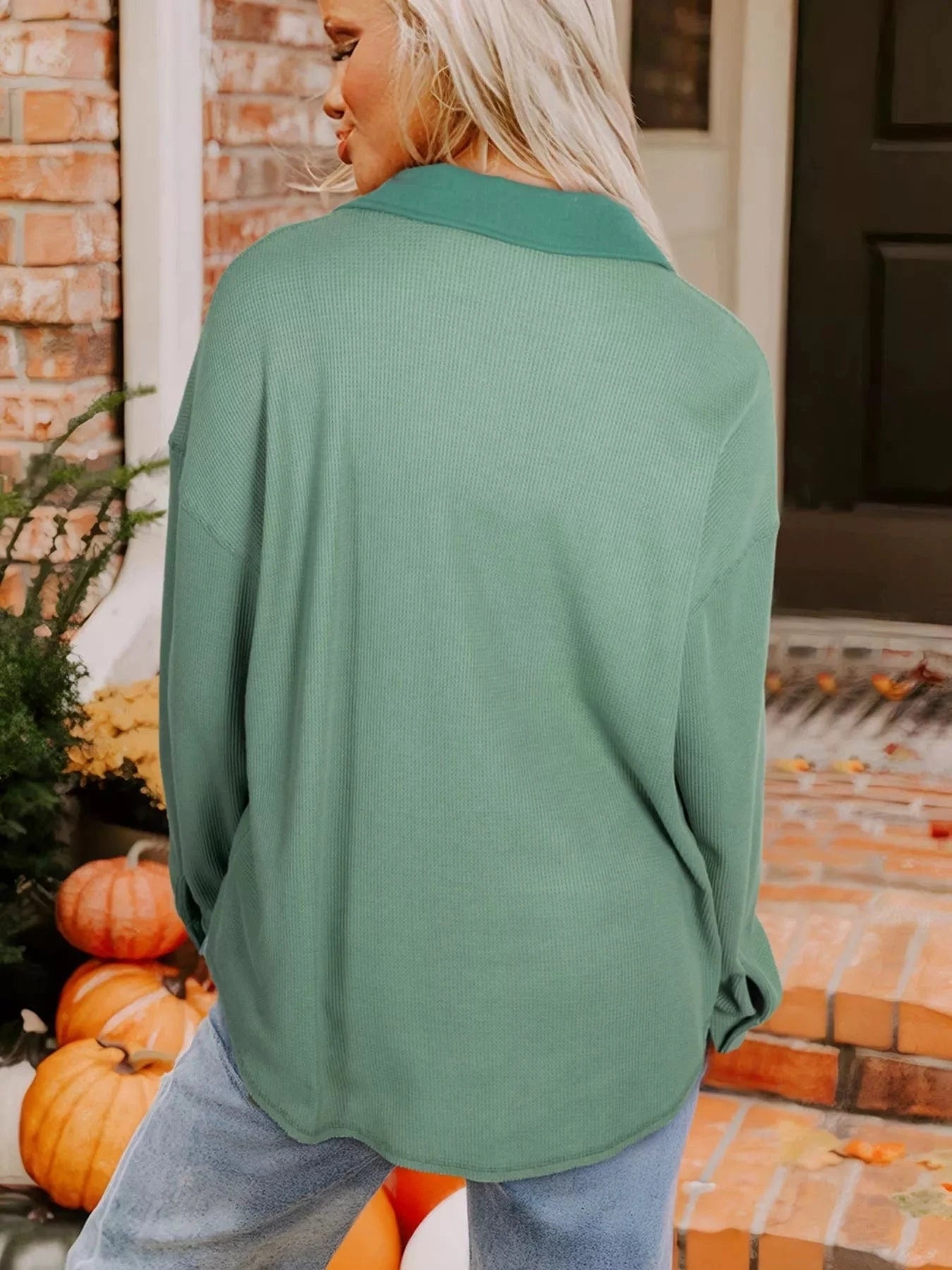 Waffle Knit Vintage Patchwork Button Up Loose Shirt Tops and sweaters and T-Shirts
