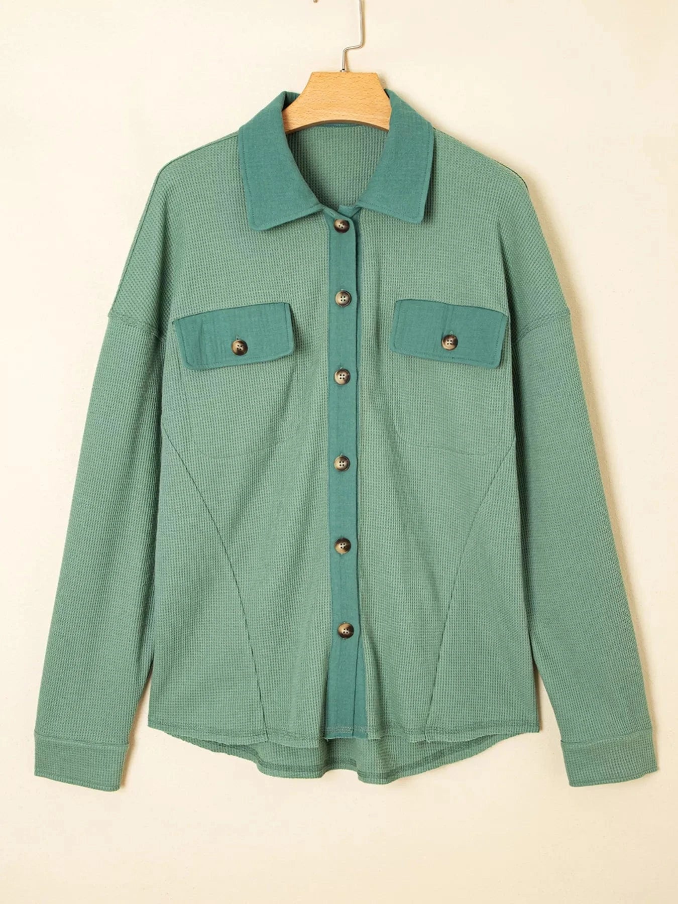 Waffle Knit Vintage Patchwork Button Up Loose Shirt Tops and sweaters and T-Shirts