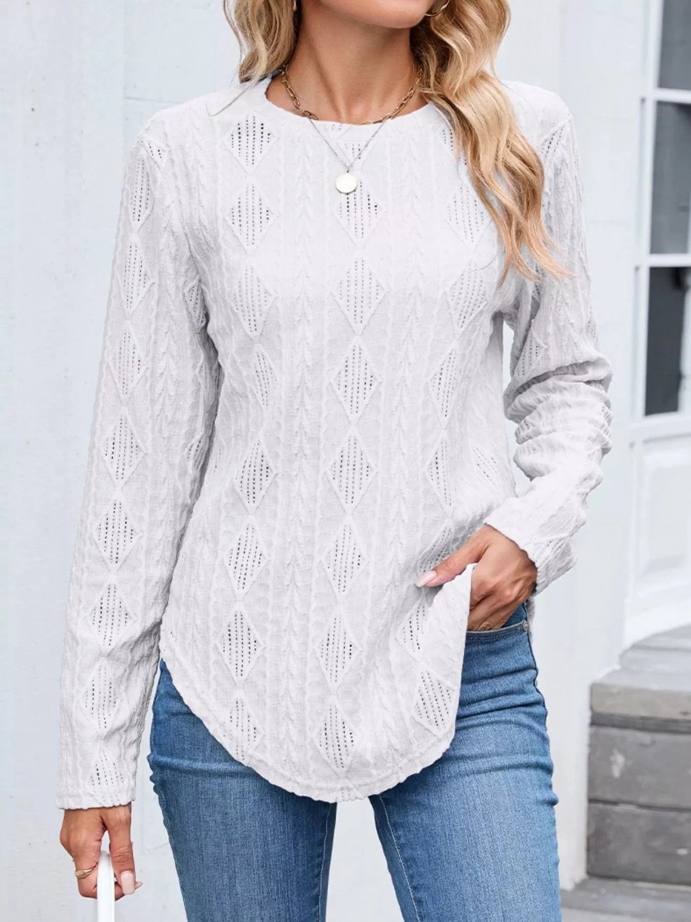 White Openwork Textured Long Sleeve Top Tops and sweaters and T-Shirts