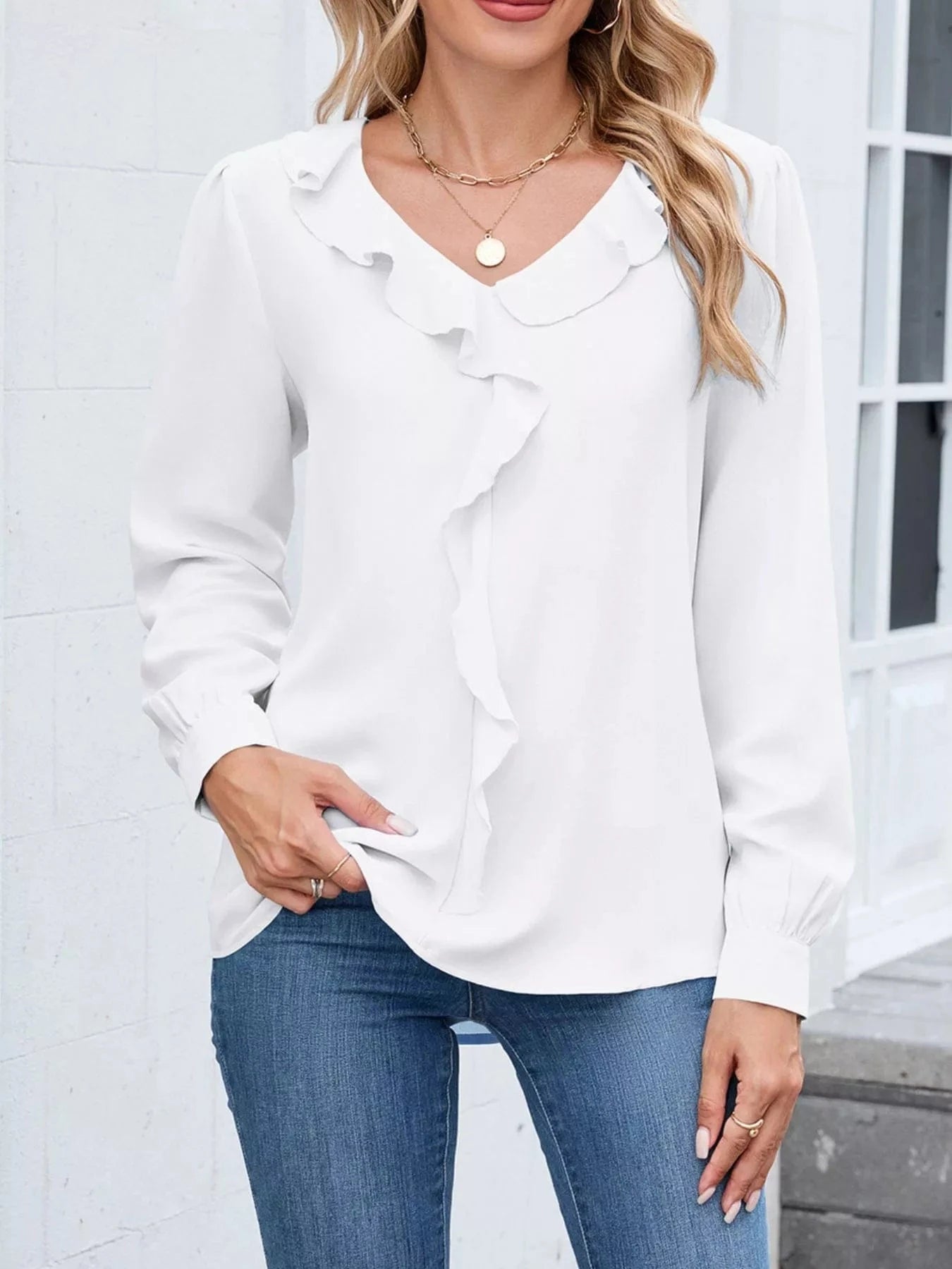 White Ruffled V-Neck Long Sleeve Blouse Tops and sweaters and T-Shirts