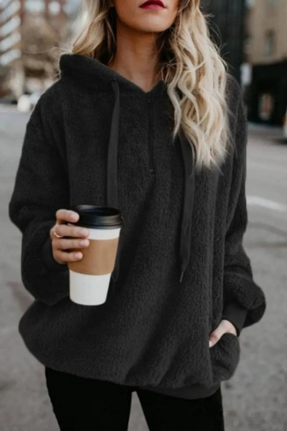 Black Full Size Quarter-Zip Drawstring Teddy Hoodie Tops and T-Shirts