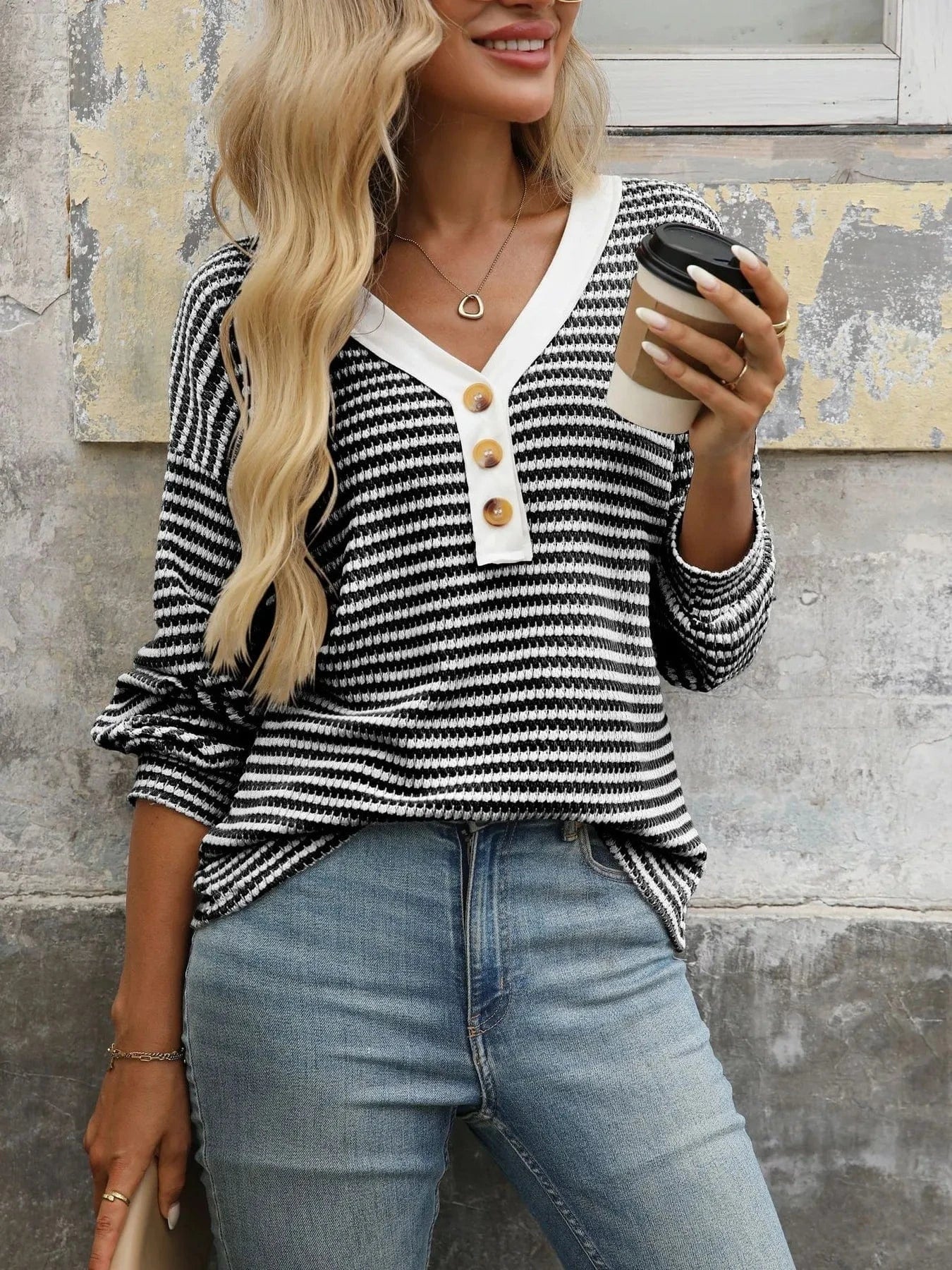 Black Striped V-Neck Button Front Casual Top Tops and T-Shirts