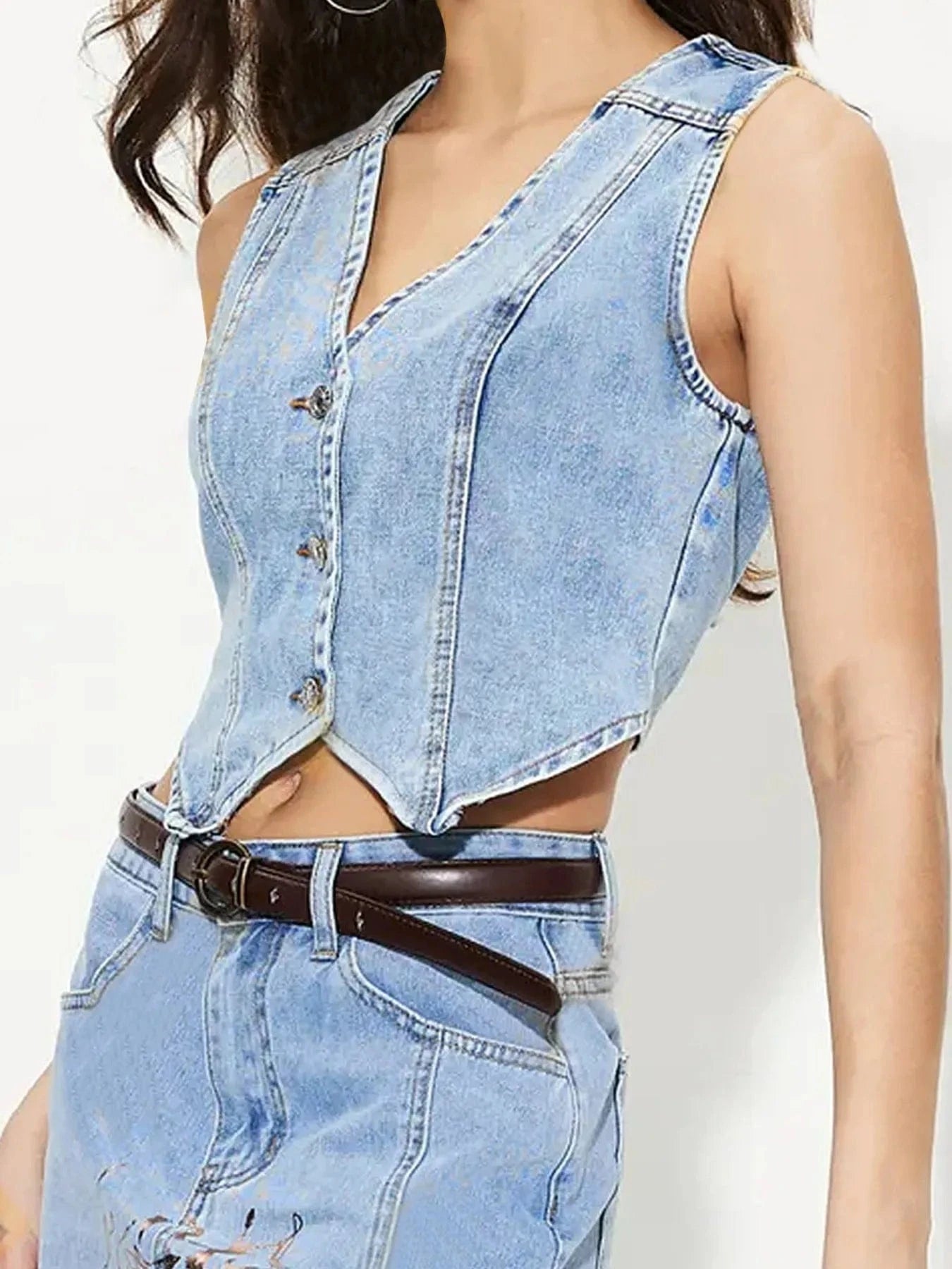 Button-Up Sleeveless Denim Vest Tops and T-Shirts