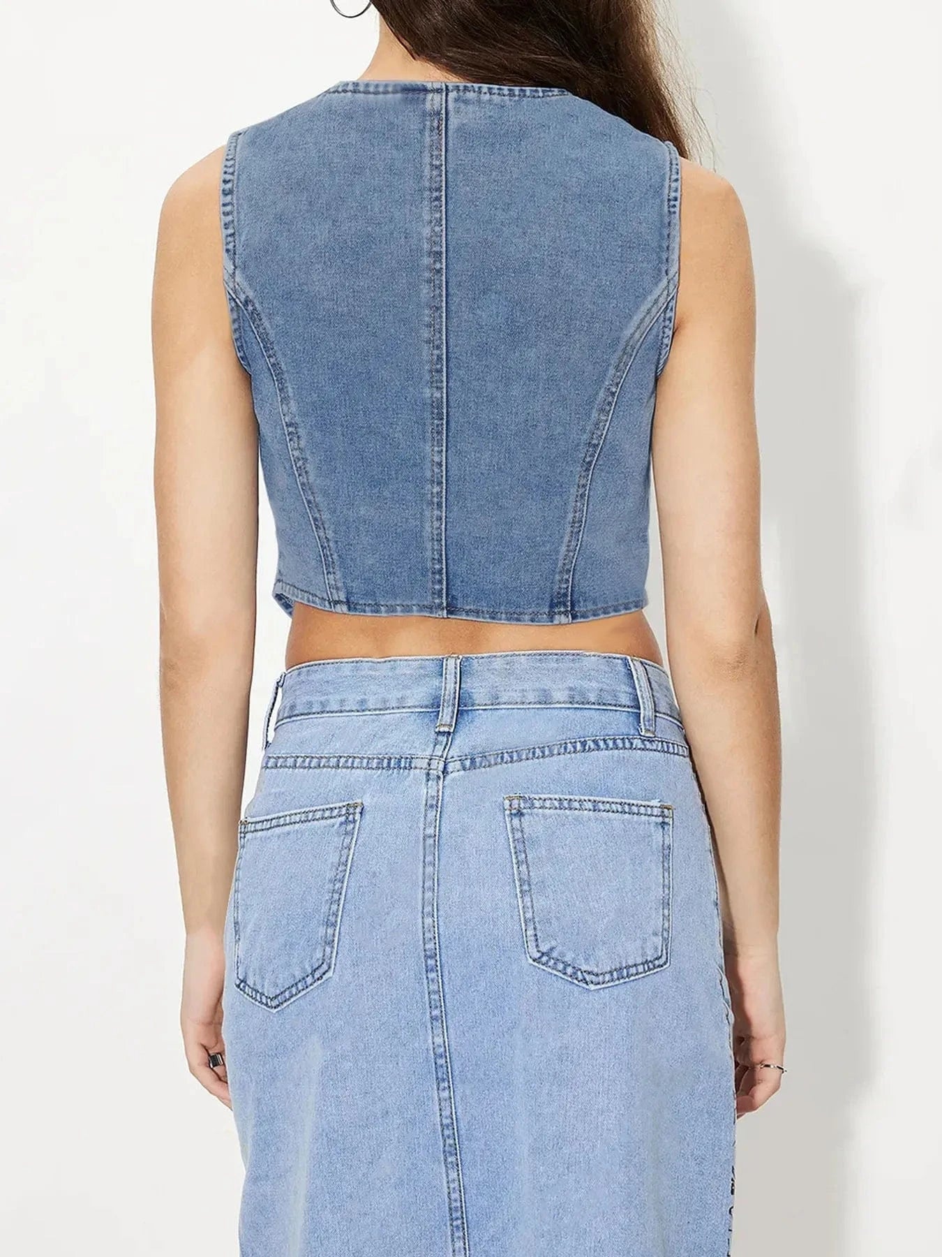 Button-Up Sleeveless Denim Vest Tops and T-Shirts
