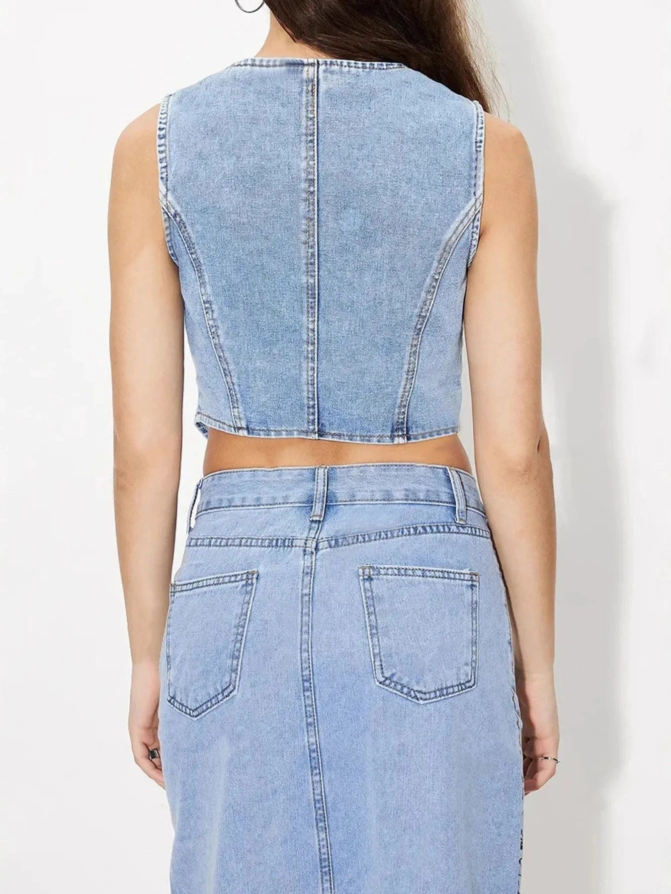 Button-Up Sleeveless Denim Vest Tops and T-Shirts