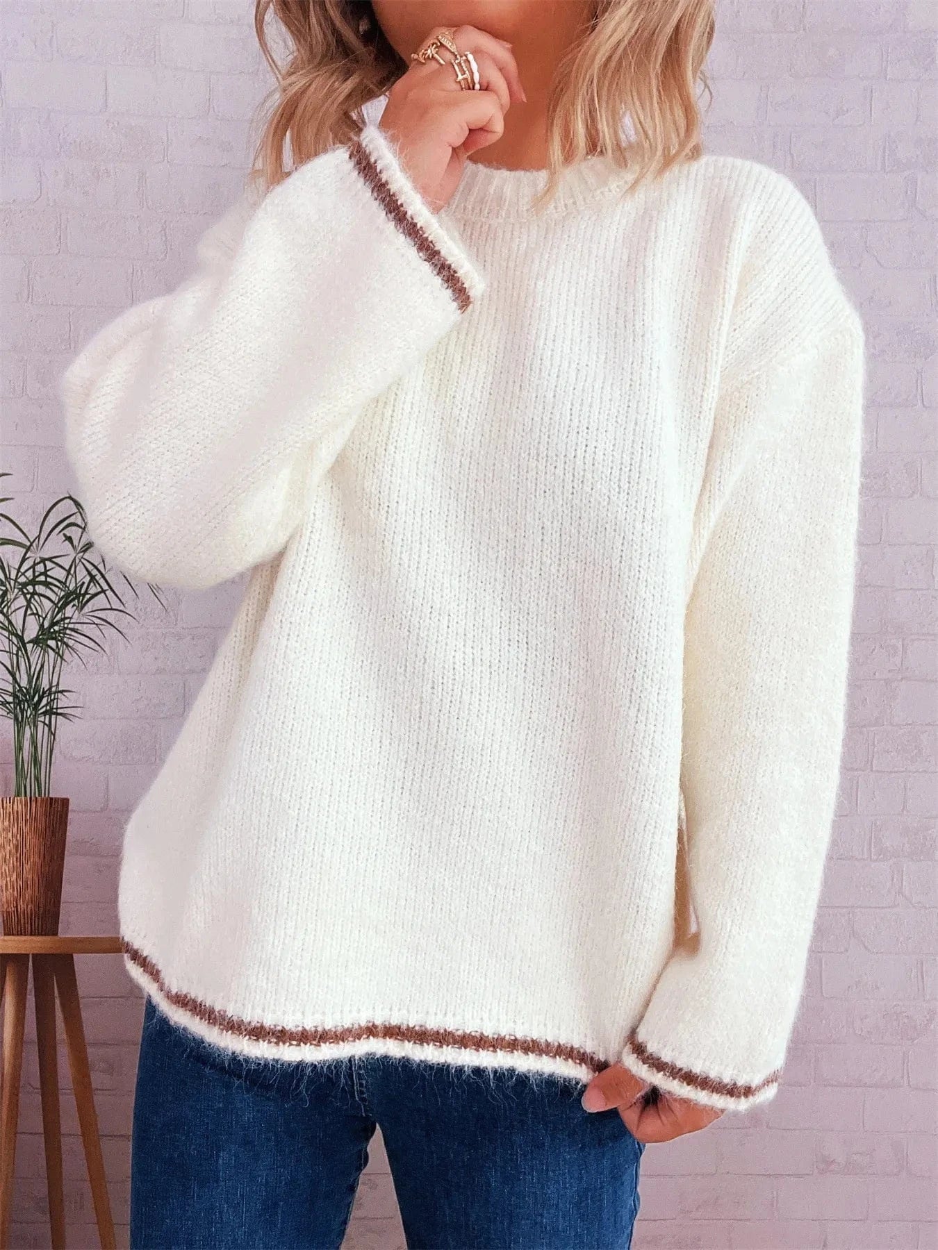 Contrast Trim Round Neck Cozy Sweater Tops and T-Shirts