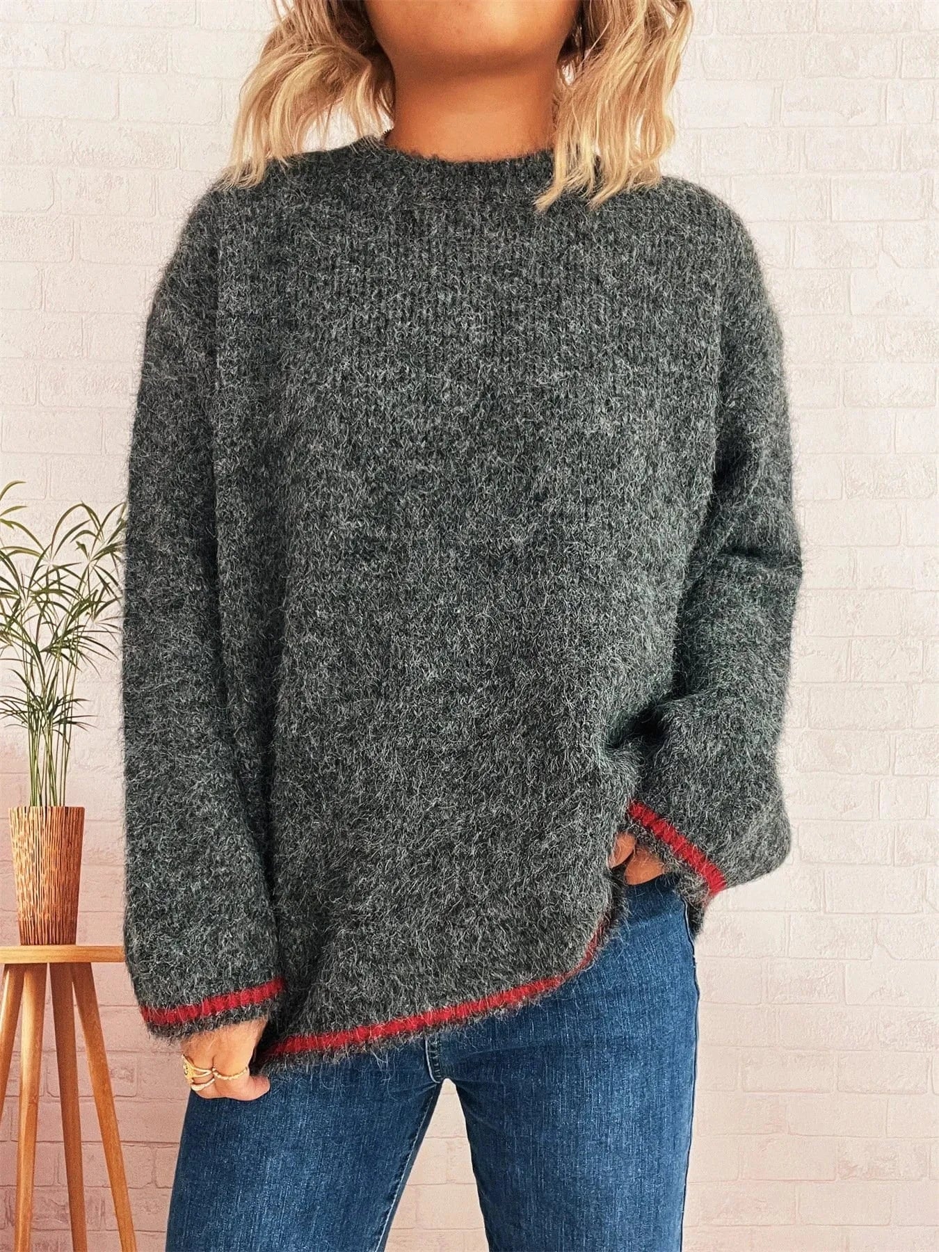 Contrast Trim Round Neck Cozy Sweater Tops and T-Shirts