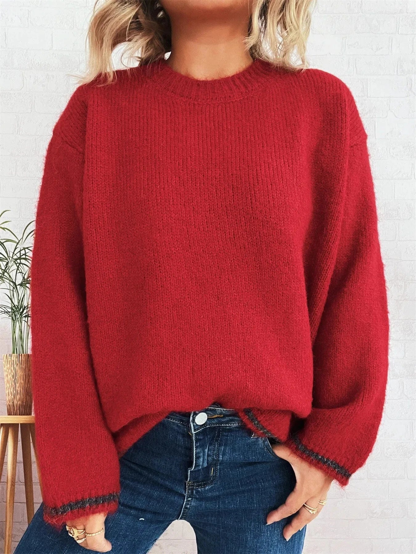 Contrast Trim Round Neck Cozy Sweater Tops and T-Shirts