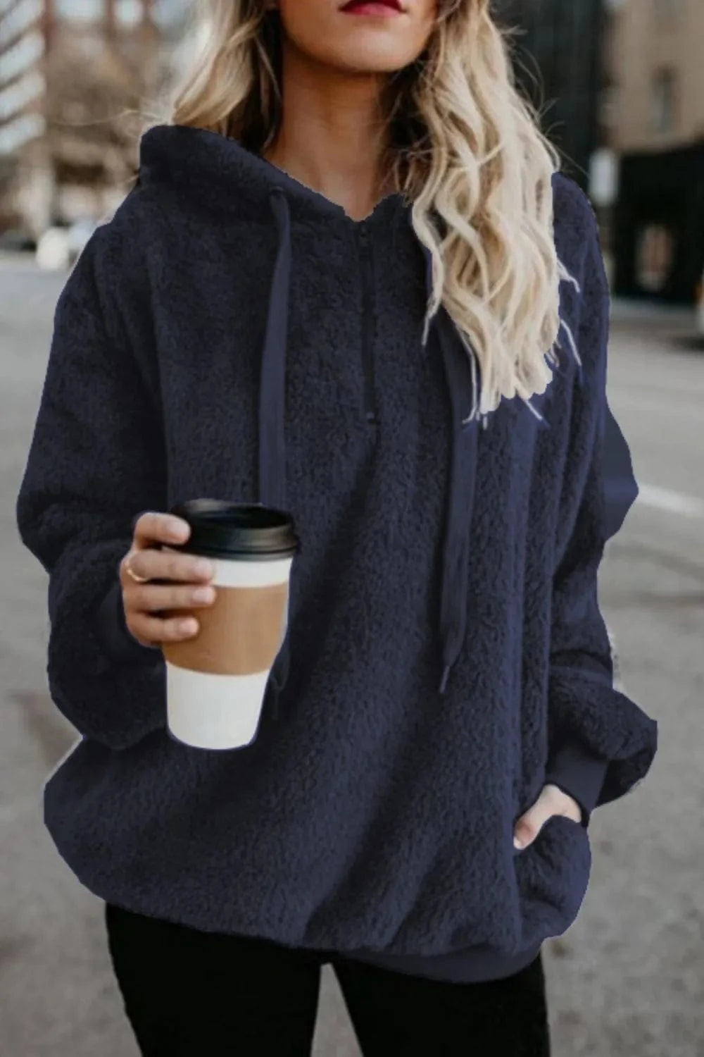 Dark Blue Full Size Quarter-Zip Drawstring Teddy Hoodie Tops and T-Shirts