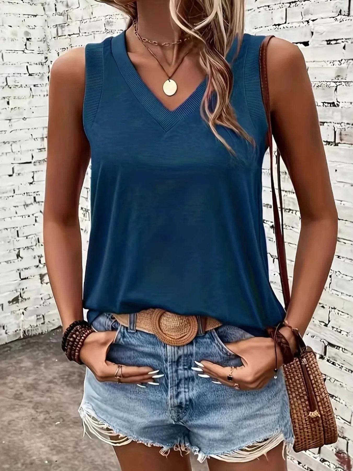 Dark Blue V-Neck Tank Tops and T-Shirts