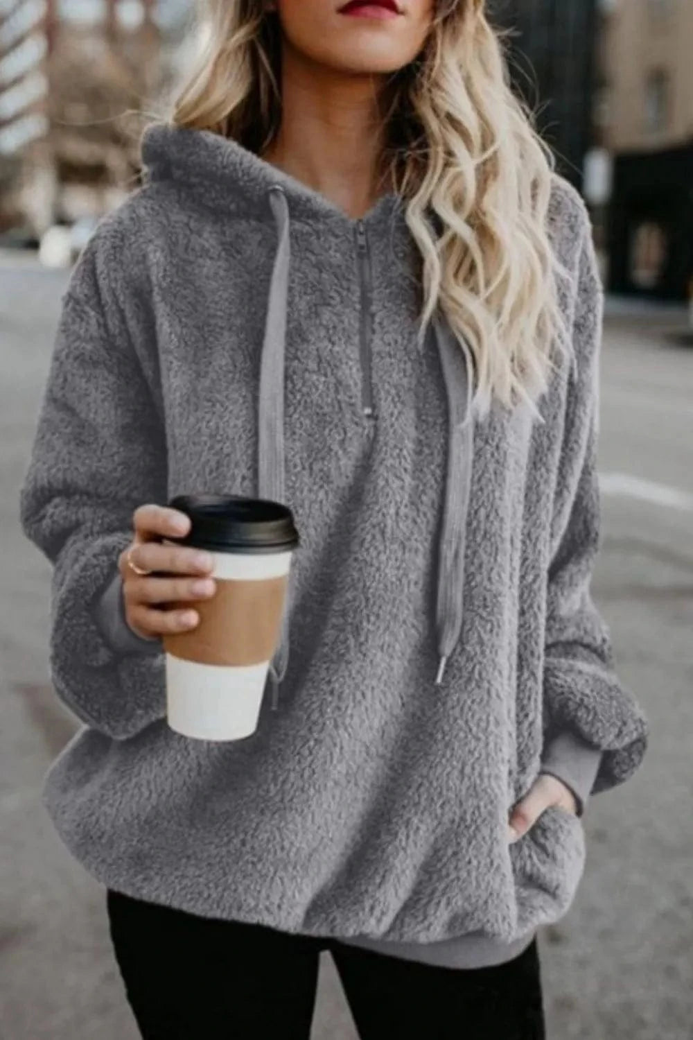 Dark Gray Full Size Quarter-Zip Drawstring Teddy Hoodie Tops and T-Shirts