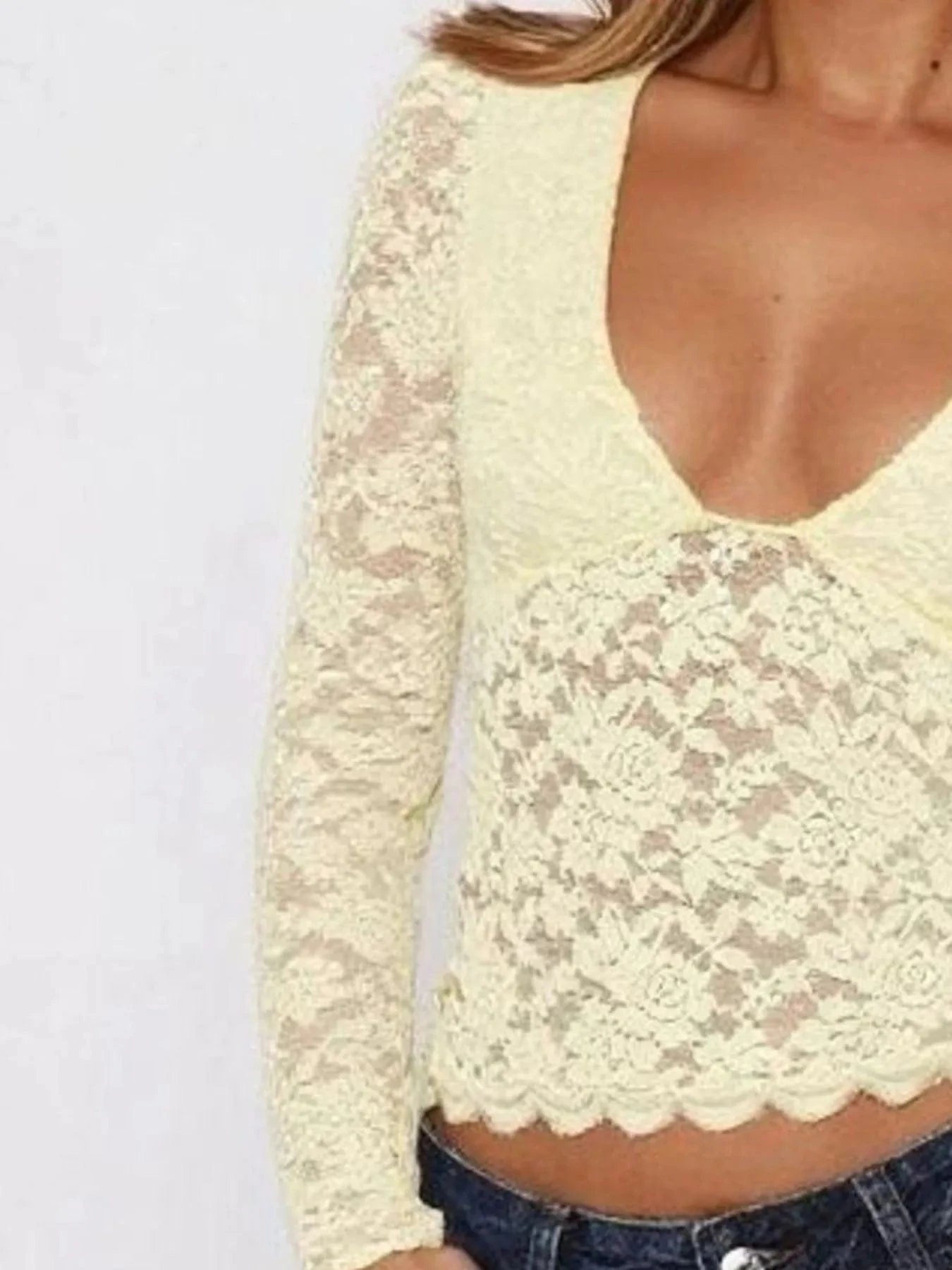 Floral Lace Long Sleeve Deep V-Neck Blouse with Scalloped Hem Tops and T-Shirts