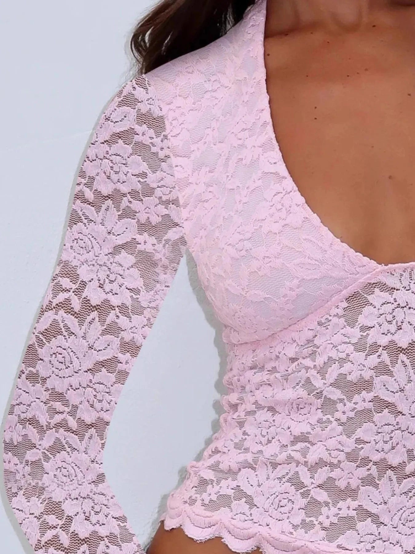 Floral Lace Long Sleeve Deep V-Neck Blouse with Scalloped Hem Tops and T-Shirts