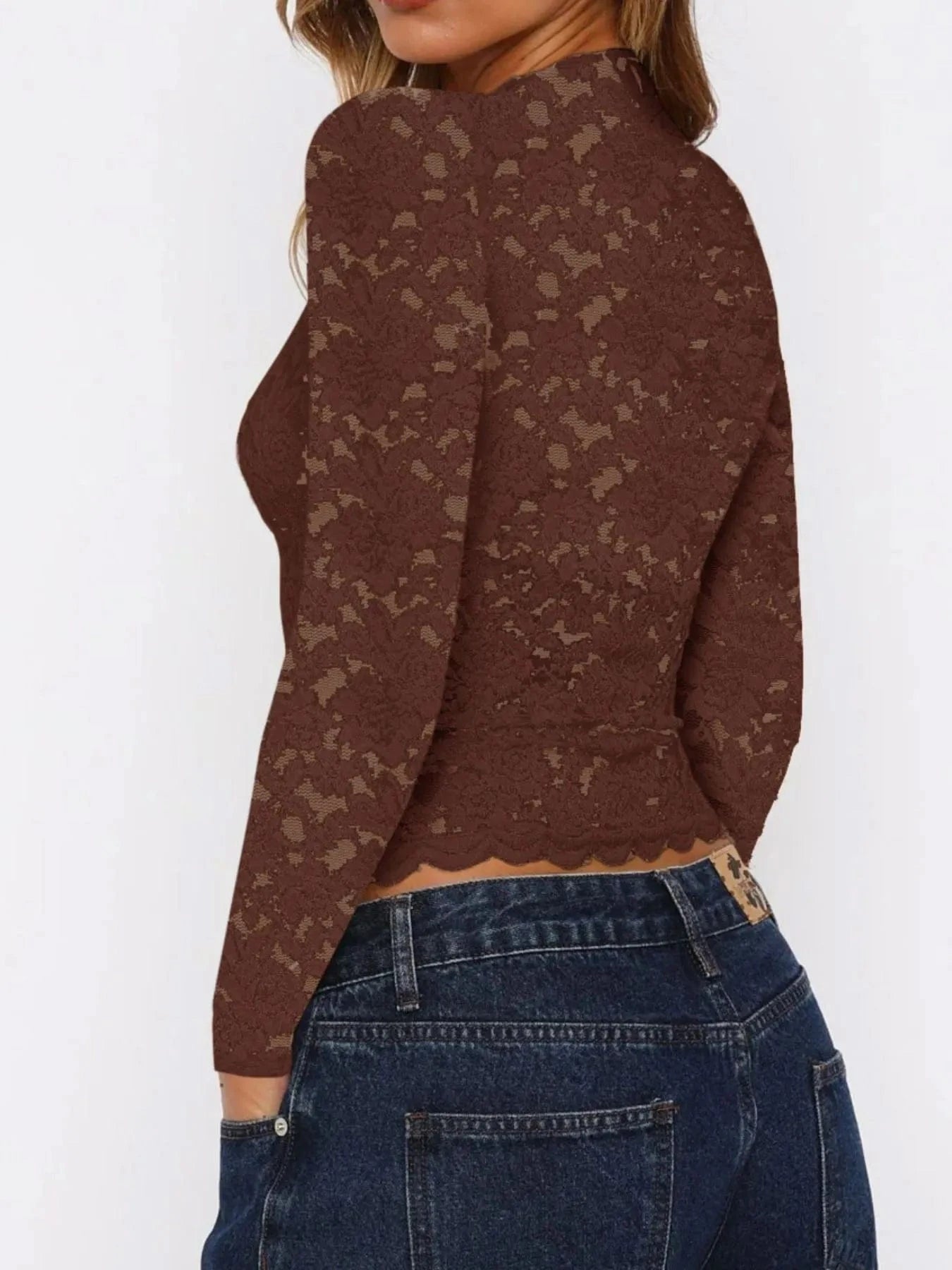 Floral Lace Long Sleeve Deep V-Neck Blouse with Scalloped Hem Tops and T-Shirts
