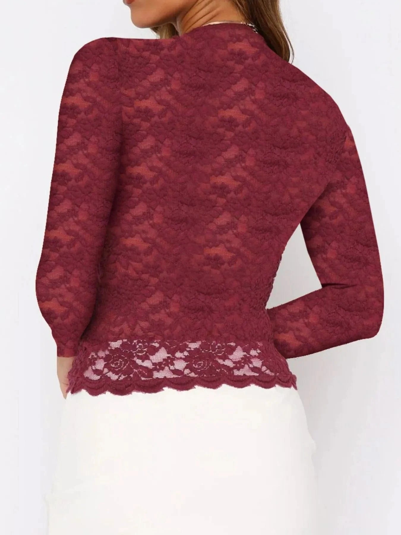 Floral Lace Long Sleeve Deep V-Neck Blouse with Scalloped Hem Tops and T-Shirts
