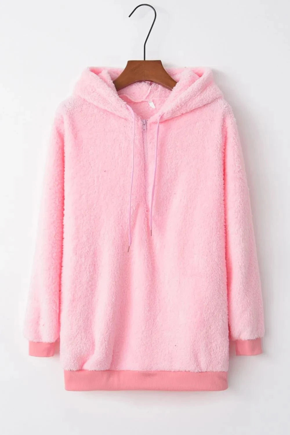 Full Size Quarter-Zip Drawstring Teddy Hoodie Tops and T-Shirts
