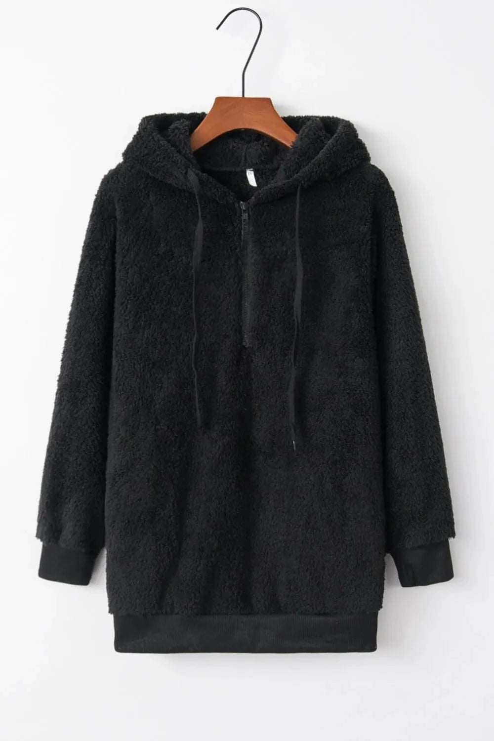 Full Size Quarter-Zip Drawstring Teddy Hoodie Tops and T-Shirts
