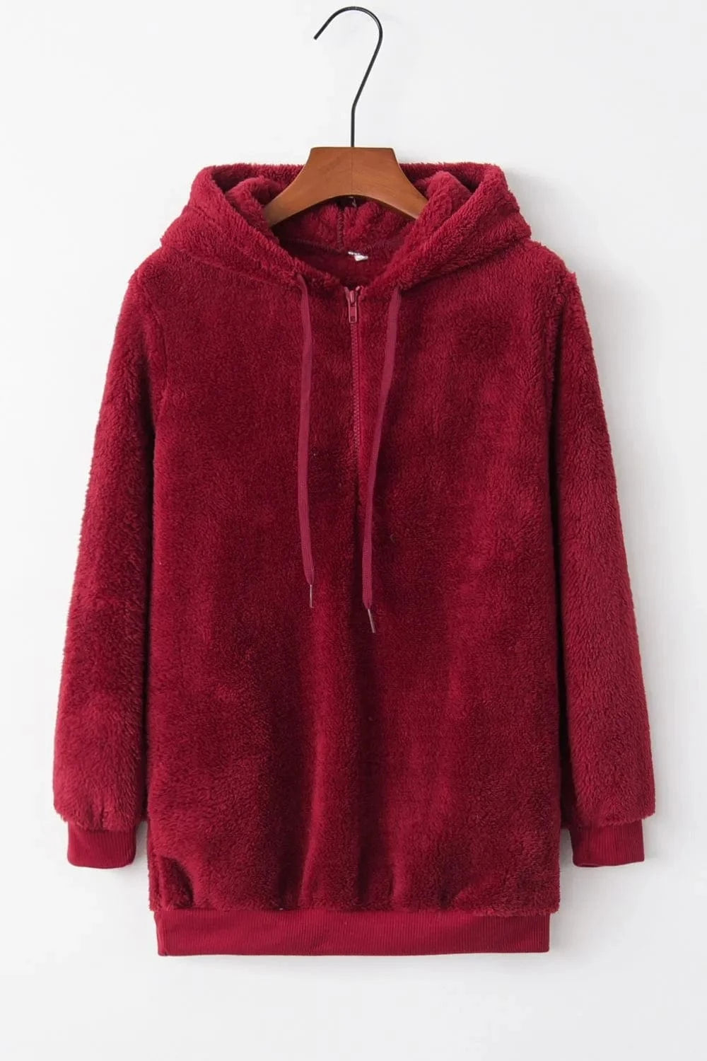 Full Size Quarter-Zip Drawstring Teddy Hoodie Tops and T-Shirts
