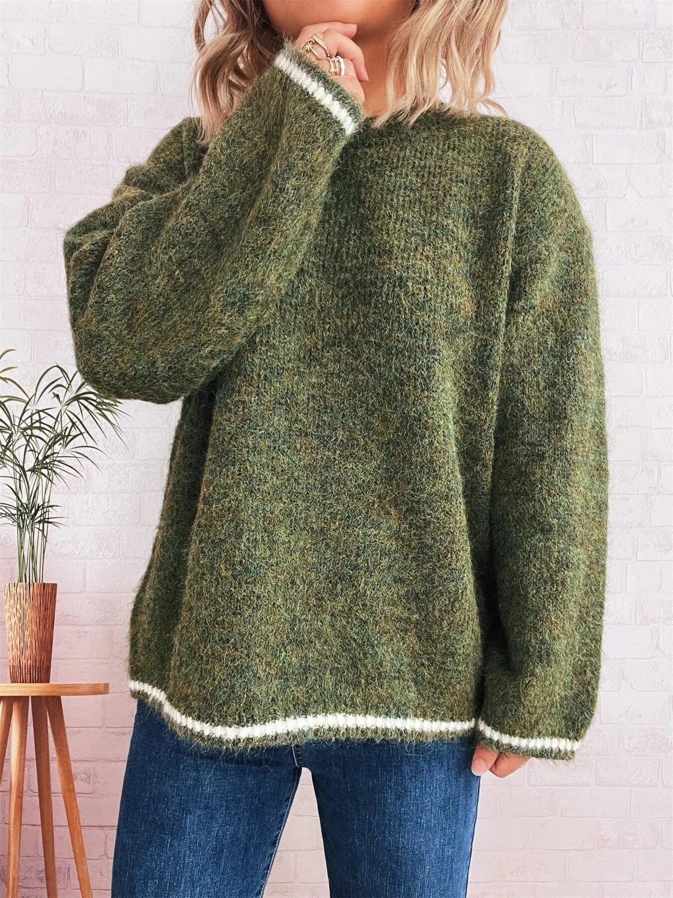 Green One Size Contrast Trim Round Neck Cozy Sweater Tops and T-Shirts